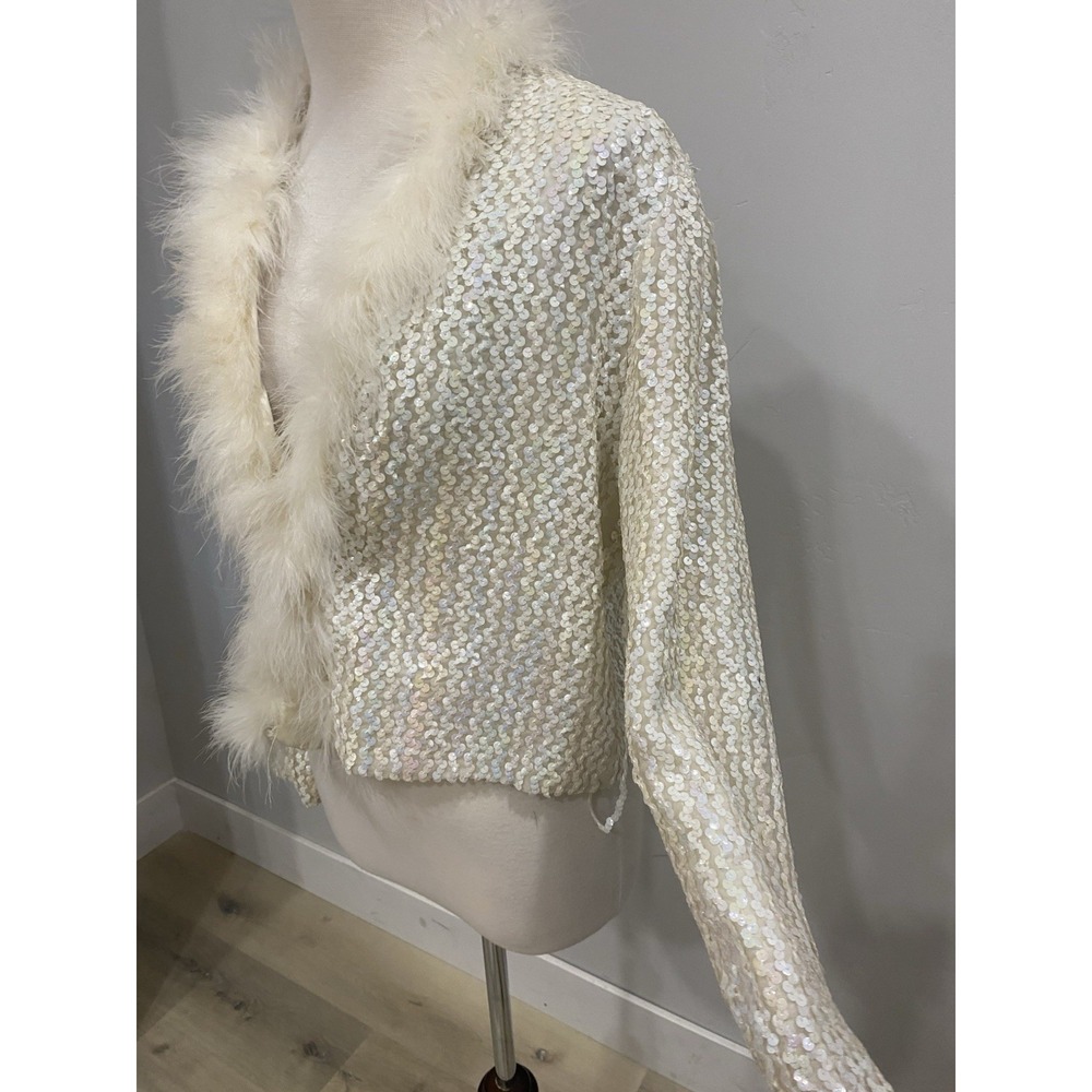 VTG‎ 60's Three Flags  White Sequinned W/ Feathers Light Coat Jacket Disco Party - Picture 2 of 11